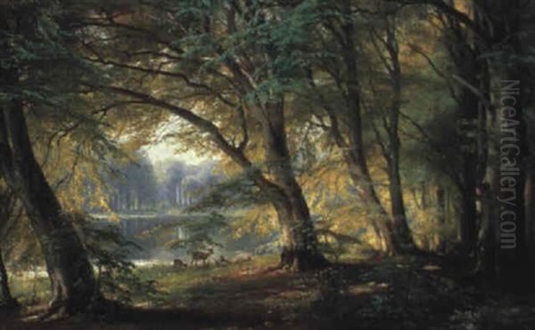 Deer By A Forest Pond Oil Painting by Carl Frederik Peder Aagaard