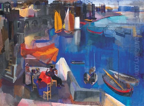 Harbour Oil Painting by Vilmos Aba-Novak