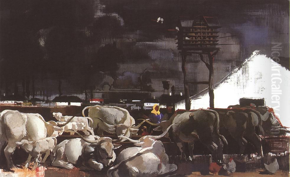 Watering Oil Painting by Vilmos Aba-Novak