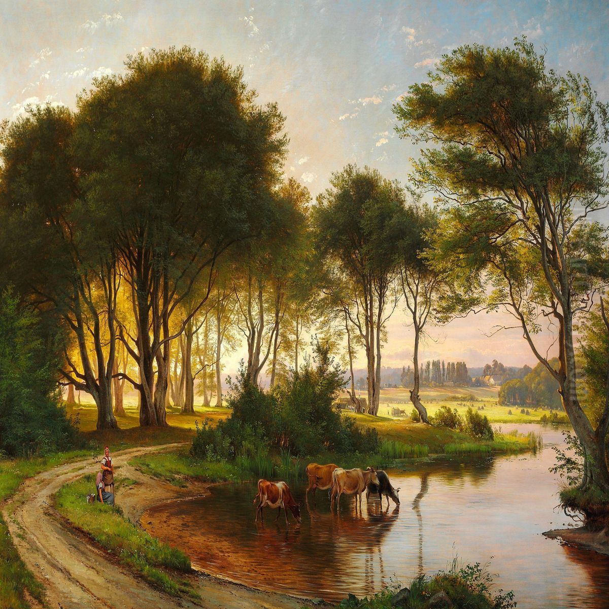 Danish Summer Landscape With Two Girls Watering The Cows In A Stream Oil Painting by Carl Frederick Aagaard