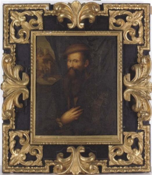 Portrait Of A Gentleman In A Brown Doublet And Cap Standing At A Window With A Landscape Beyond Oil Painting by Nicolo dell' Abbate
