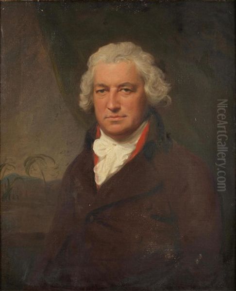 Portrait Of Bryan Edwards, Half-length, In A Brown Coat, Seated Before A Green Curtain, A View To A Caribbean Landscape Beyond Oil Painting by Lemuel-Francis Abbott