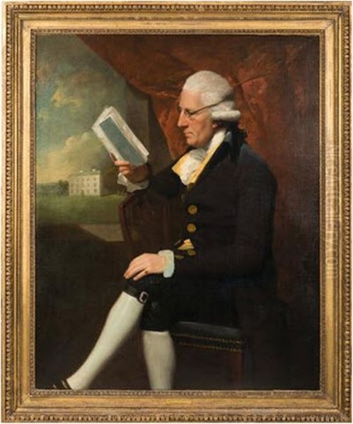 Portrait Of Sir Edward Cotsford Of Clyst St George, Three-quarter Length Seated In An Interior View Through A Window To Winslade House Beyond Oil Painting by Lemuel-Francis Abbott
