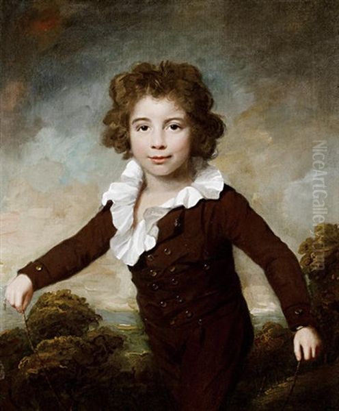 Portrait Of A Young Boy In A Brown Coat And Breeches, Holding A Skipping Rope Before A Landscape Oil Painting by Lemuel-Francis Abbott