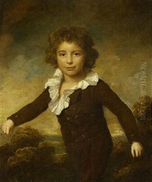 Portrait Of A Young Boy In A Brown Coat And Breeches, Holding A Skipping Rope In A Wooded Landscape Oil Painting by Lemuel-Francis Abbott