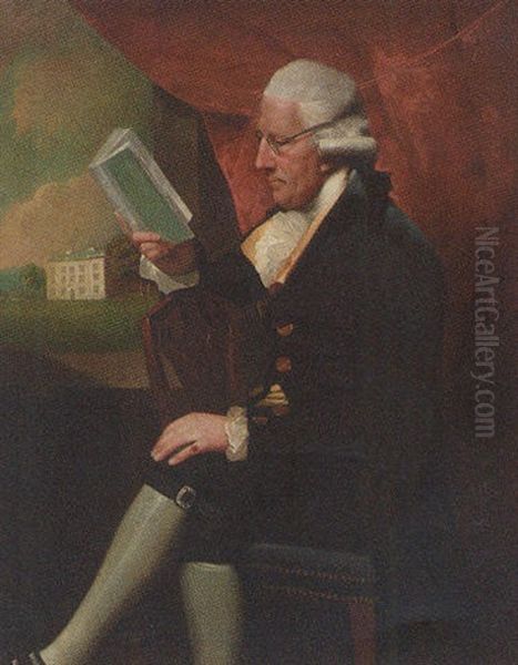 Portrait Of Edward Cotsford In A Dark Brown Jacket And Breeches, Holding A Book By A Window, A View To A House Beyond Oil Painting by Lemuel-Francis Abbott