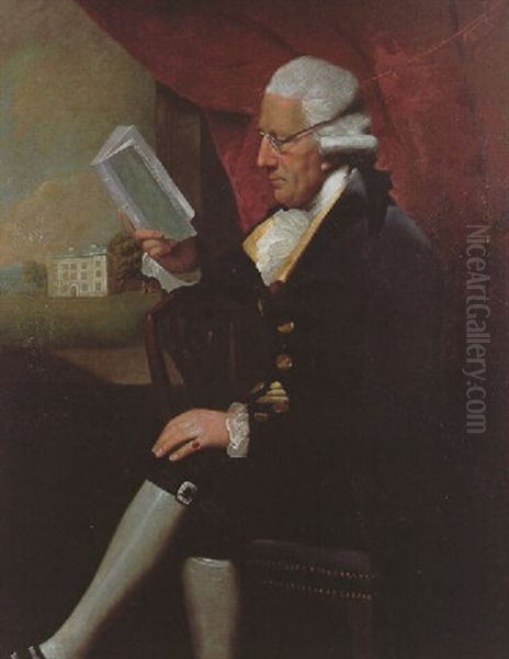Portrait Of Edward Cotsford In A Brown Jacket And Breeches Holding A Book By A Window, View Of House Beyond Oil Painting by Lemuel-Francis Abbott