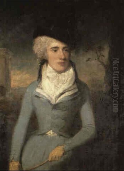 Portrait Of Mrs Beatrice Hewett, Wife Of James Hewett,      Standing Three Quarter Length In Blue Riding Dress, Black Oil Painting by Lemuel-Francis Abbott