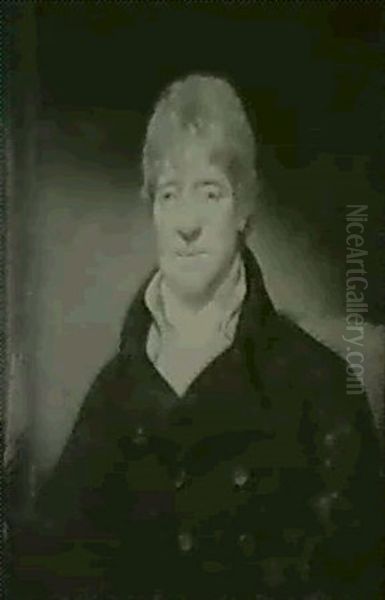 Portrait Of A Gentleman, Seated Half Length, Wearting A     White Stock, Striped Waistcoat And Dark Coat Oil Painting by Lemuel-Francis Abbott