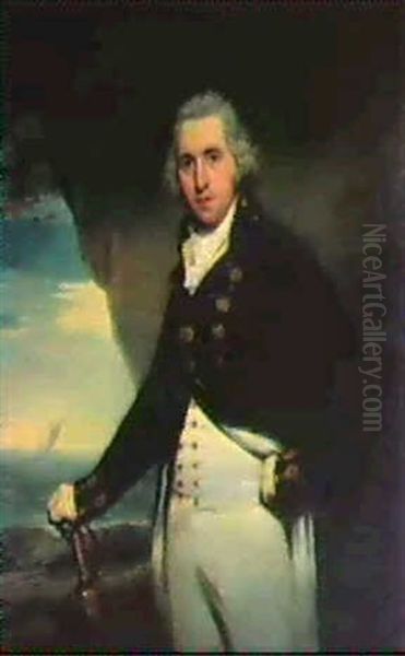 Portrait Of A Naval Officer, Three-quarter Length, In       Uniform, Holding His Swork In His Right Hand Oil Painting by Lemuel-Francis Abbott