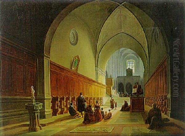 Worshippers In A Church Aisle, Italy Oil Painting by Jodocus Josse Sebastiaen Van Den Abeele