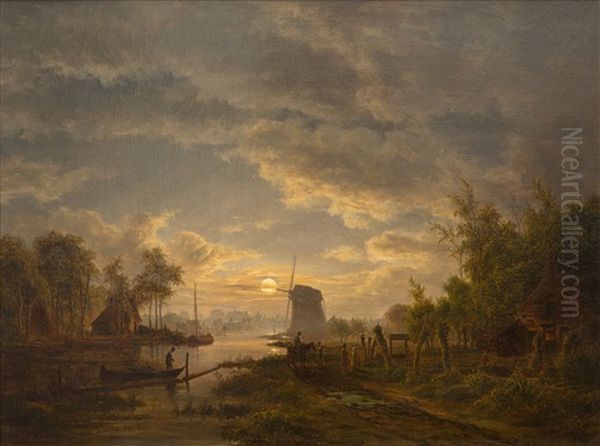 A Moonlit River Landscape With A Windmill Oil Painting by Jacobus Theodorus Abels