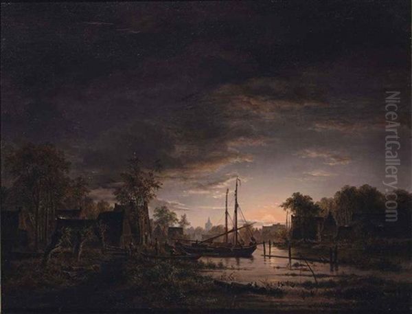 A Moonlit River Landscape (said To Be Abcoude) Oil Painting by Jacobus Theodorus Abels