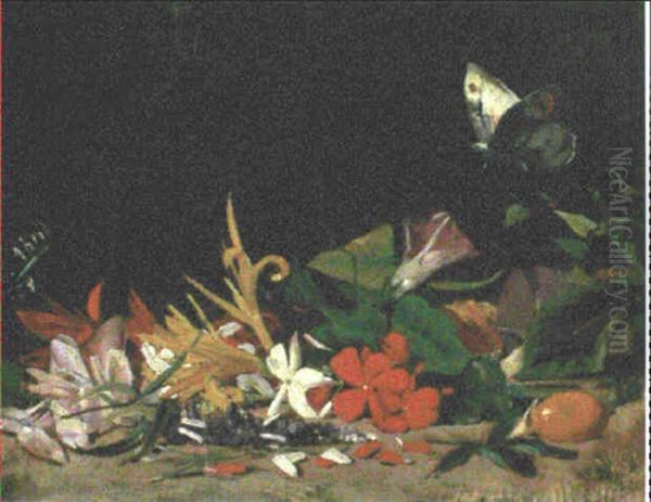 Convovulus, Lily And Other Flowers With A Butterfly Oil Painting by Salvador Abril y Blasco