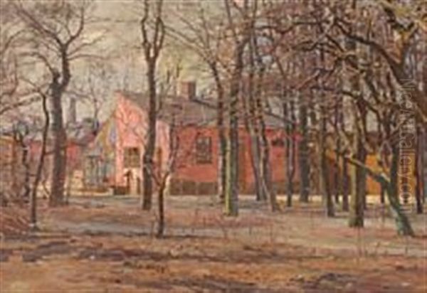 Houses At Laendevangen Oil Painting by Georg Nicolaj Achen