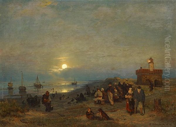 Mondnacht An Der Kuste Oil Painting by Andreas Achenbach