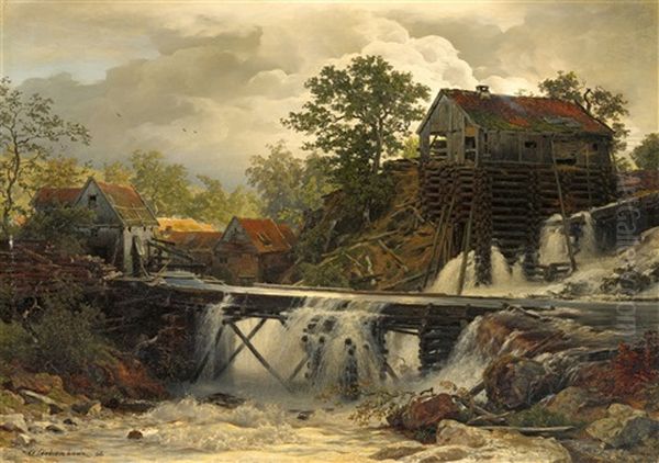 Mill In The Forest By A Mountain Stream Oil Painting by Andreas Achenbach