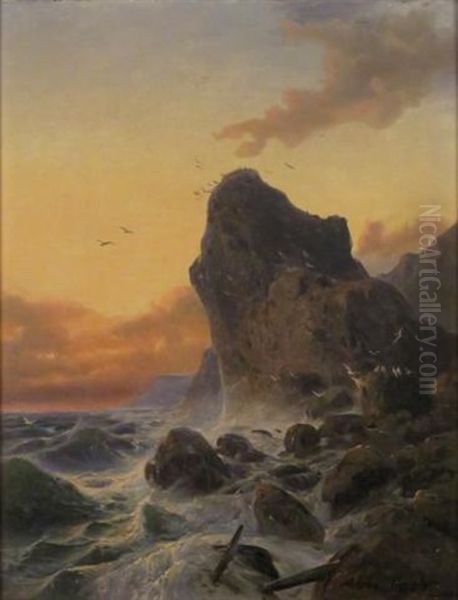 Sunset On A Rocky Coast Oil Painting by Andreas Achenbach