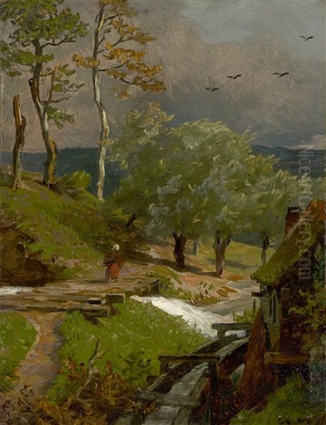 Woman On A Bridge On The Edge Of A Village Oil Painting by Andreas Achenbach