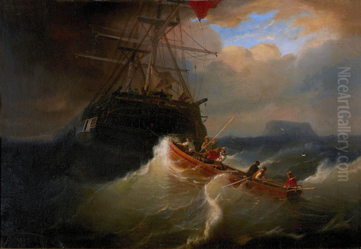 Retrieving The Stern Boat Oil Painting by Andreas Achenbach