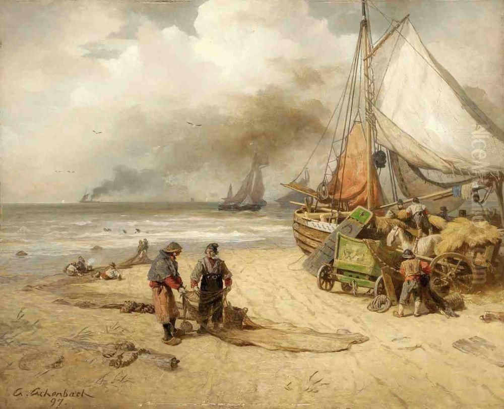 Fishermen At The Coast Oil Painting by Andreas Achenbach
