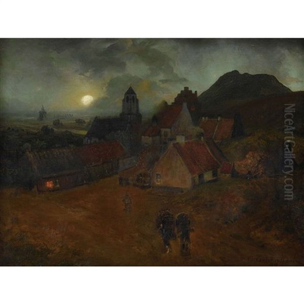 Landschaft Mit Dorf Im Mondlicht Oil Painting by Andreas Achenbach