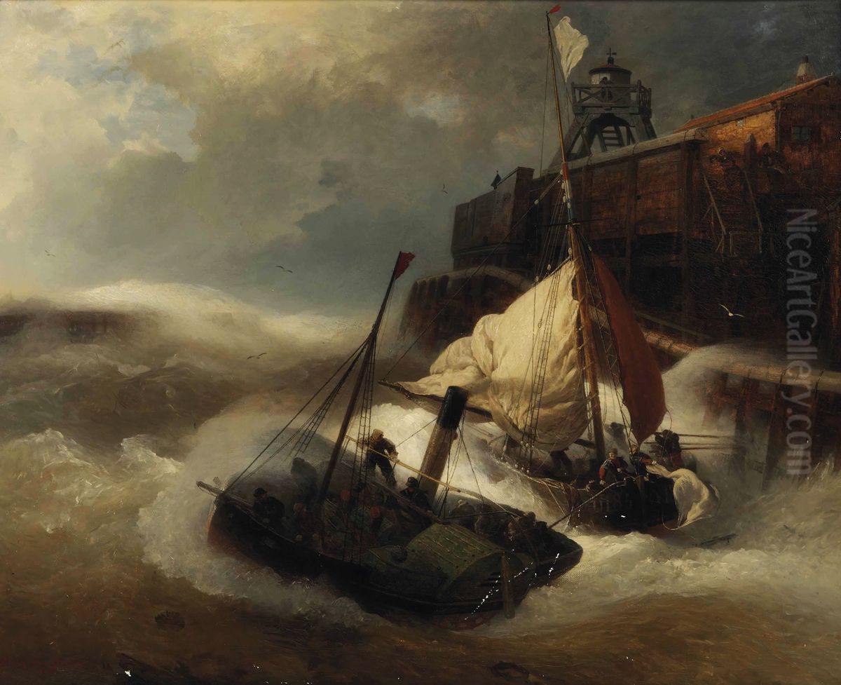 Bundling Forces In Rough Seas Oil Painting by Andreas Achenbach