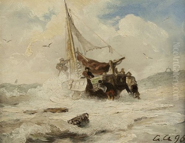 Departure In Stormy Sea Oil Painting by Andreas Achenbach