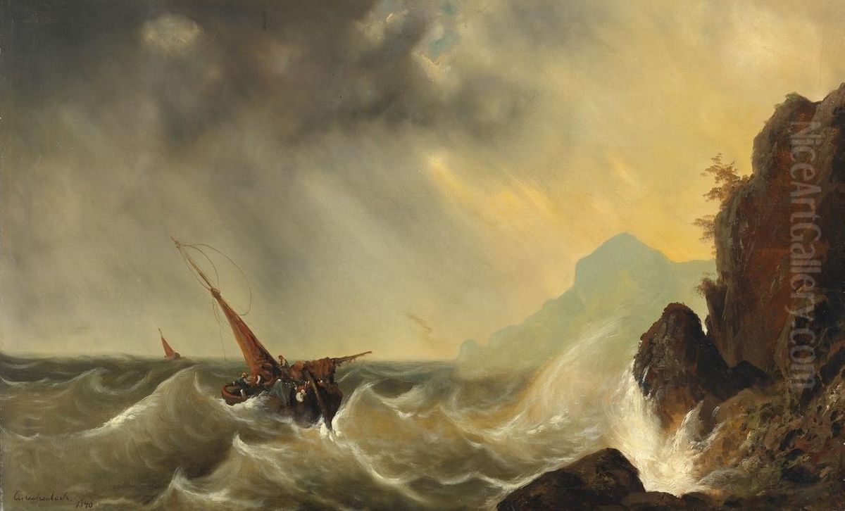 Schiff In Sturmischer See Oil Painting by Andreas Achenbach