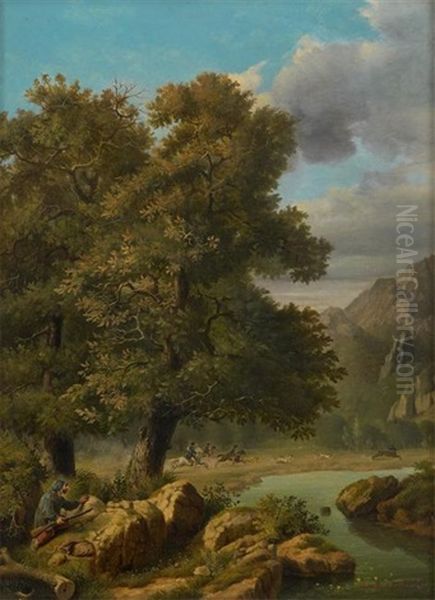 Les Chasseurs A Courre Oil Painting by Andreas Achenbach