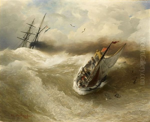 Boote In Sturmischer See Oil Painting by Andreas Achenbach