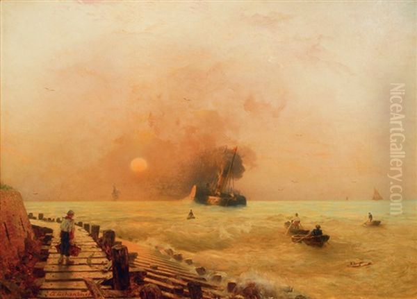 Paddlesteamer Appoaching In The Evening Sun Oil Painting by Andreas Achenbach