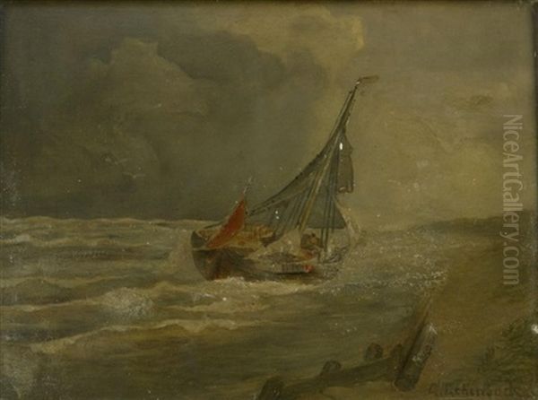 Segelboot Vor Der Kuste Bei Aufziehendem Regen Oil Painting by Andreas Achenbach