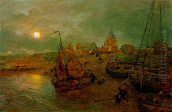 Kustenlandschaft Bei Vollmond Oil Painting by Andreas Achenbach