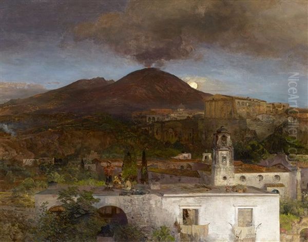 Mondnacht Uber Neapel Mit Blick Auf Den Vesuv Oil Painting by Oswald Achenbach