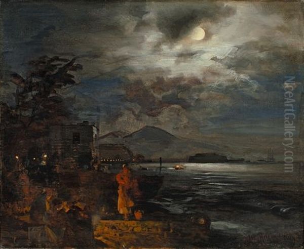 Italienische Kuste Bei Nacht Oil Painting by Oswald Achenbach