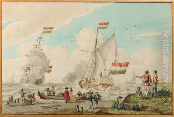 Figures On A Beach, With A Galley Firing A Salute And Other Shipsin The Distance; And Figures On A Beach, With Others Loading Aketch, Larger Vessels In The Distance Oil Painting by Nicolaes Matthijsz. Aartman