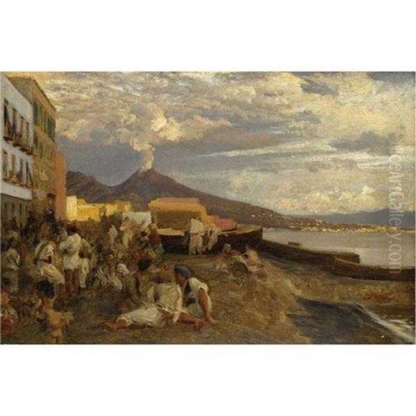 In Der Bucht Von Neapel-the Bay Of Naples, Vesuvius Beyond Oil Painting by Oswald Achenbach