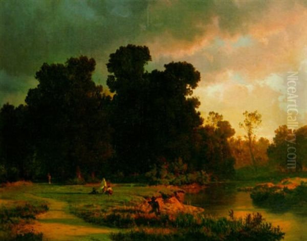 A Landscape At Dusk Oil Painting by Oswald Achenbach