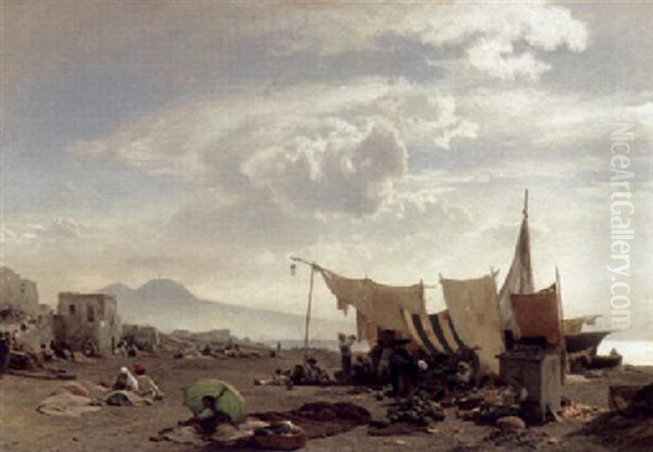 Lagernde Fischer Und Gemusehandler Am Strand Von Neapel Oil Painting by Oswald Achenbach