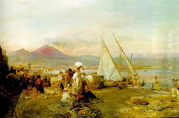 The Bay Of Naples With Vesuvius Beyond Oil Painting by Oswald Achenbach