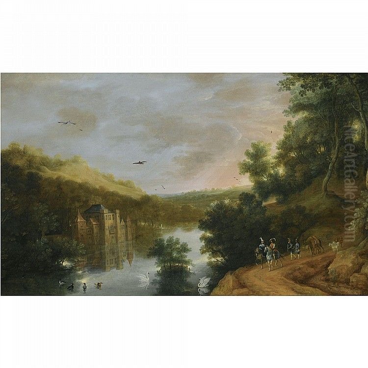 An Extensive River Landscape With Elegant Travellers, A Chateau On The Banks Of The River Oil Painting by Lucas Achtschellinck