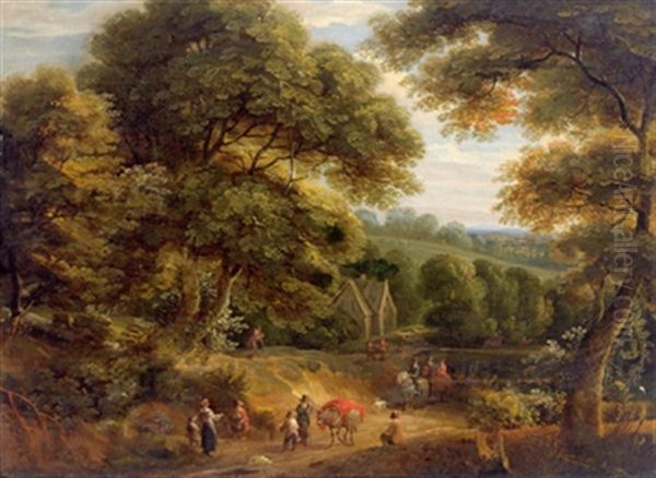 Bewaldete Landschaft Mit Reisenden Auf Einer Strase (in Collab. W/pieter Bout) Oil Painting by Lucas Achtschellinck