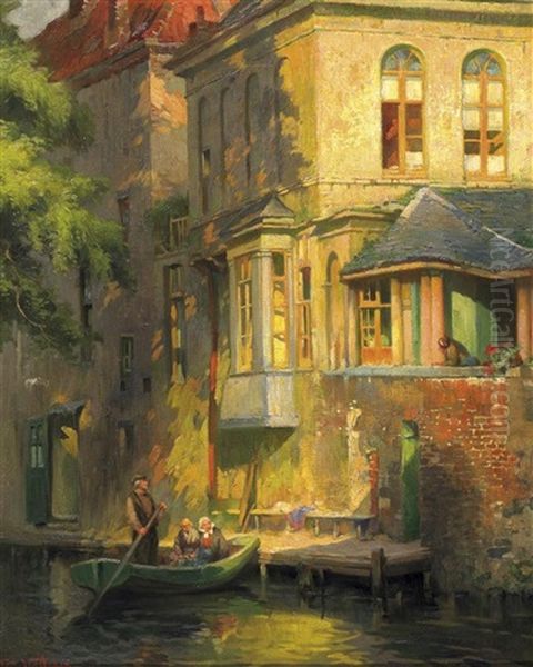 Partie In Brugge. Personen Im Ruderboot Vor Einem Haus Am Kanal Oil Painting by Florimond Van Acker