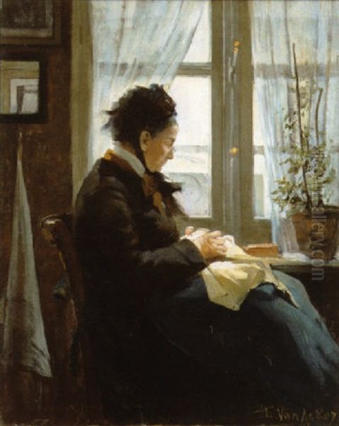 Vieille Femme Cousant Devant La Fenetre Oil Painting by Florimond Van Acker