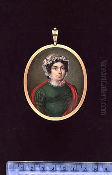 A Lady Of The Harrington Or Wright Family, Wearing Green Dress With White Gauze Collar, Red Shawl Over Her Shoulders And White Lace Cap Dressed With Pink Roses Oil Painting by Johannes Baptista van Acker