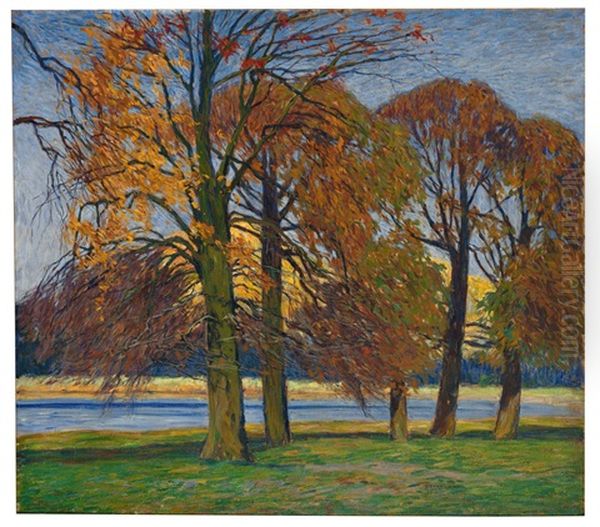Herbstliche Parklandschaft Mit Flusslauf Im Sonnenschein Oil Painting by Otto Ackermann