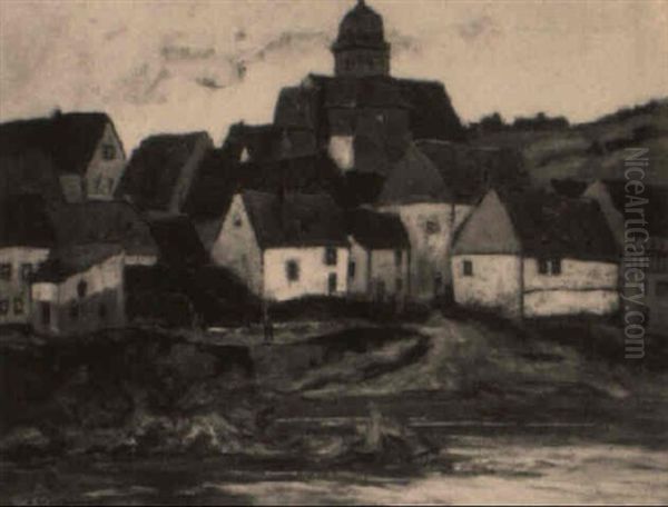 Blick Auf Ein Dorf Am Flus Unter Bewolktem Himmel Oil Painting by Otto Ackermann