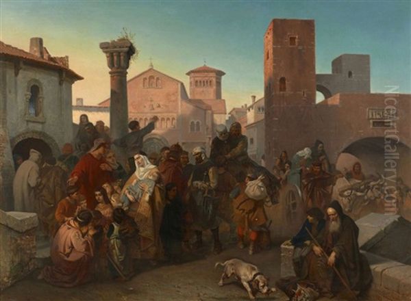 Episodes Des Guerres D'italie : Les Exiles Milanais Accueillis A Brescia Apres La Destruction De Leur Ville En 1162 Par L'empereur Frederic Barberousse Oil Painting by Cesare Felix Georges dell' Acqua
