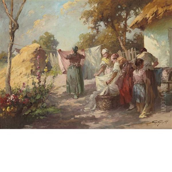 Washer Women Oil Painting by Agoston Acs